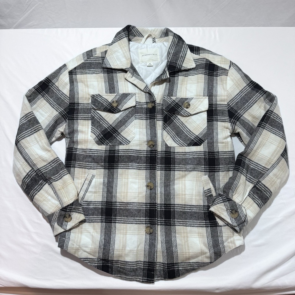 Aeropostale Womens Plaid Flannel Shacket Jacket Black White Cream Size XS Cozy